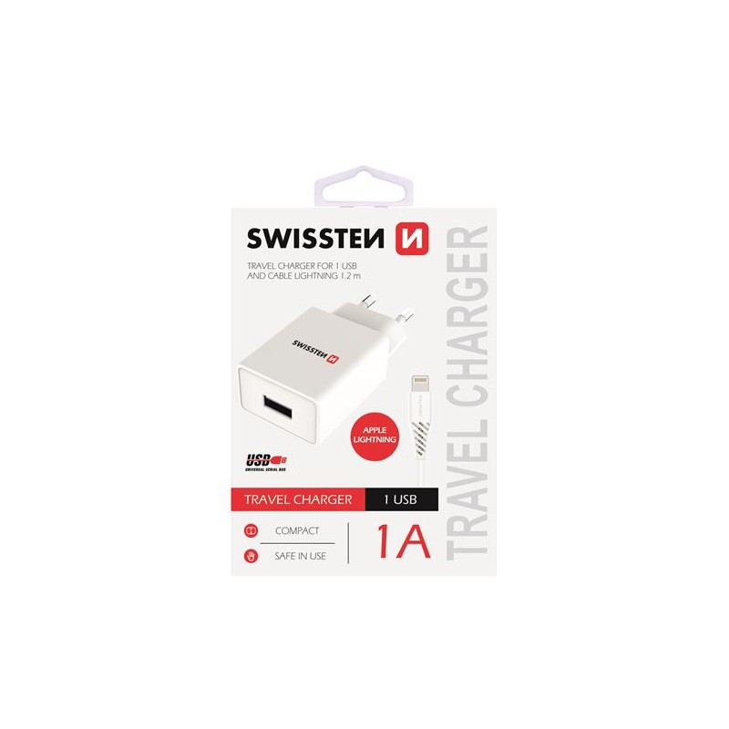 Swissten SMART IC wiederaufladbarer Adapter, CE 1x USB 1 A POWER weiß+USB / Lightning Datenkabel