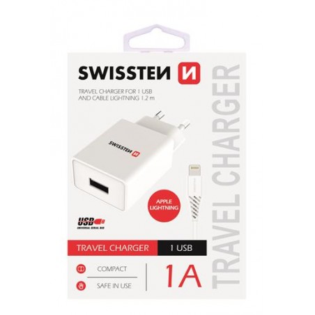 Swissten SMART IC wiederaufladbarer Adapter, CE 1x USB 1 A POWER weiß+USB / Lightning Datenkabel